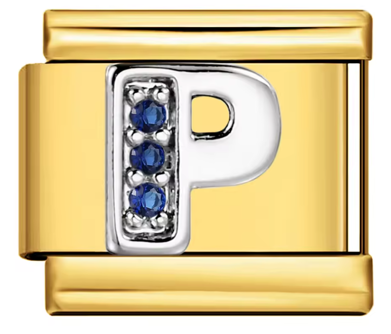 Letra P Plateada con Brillos Azules sobre charm Dorado