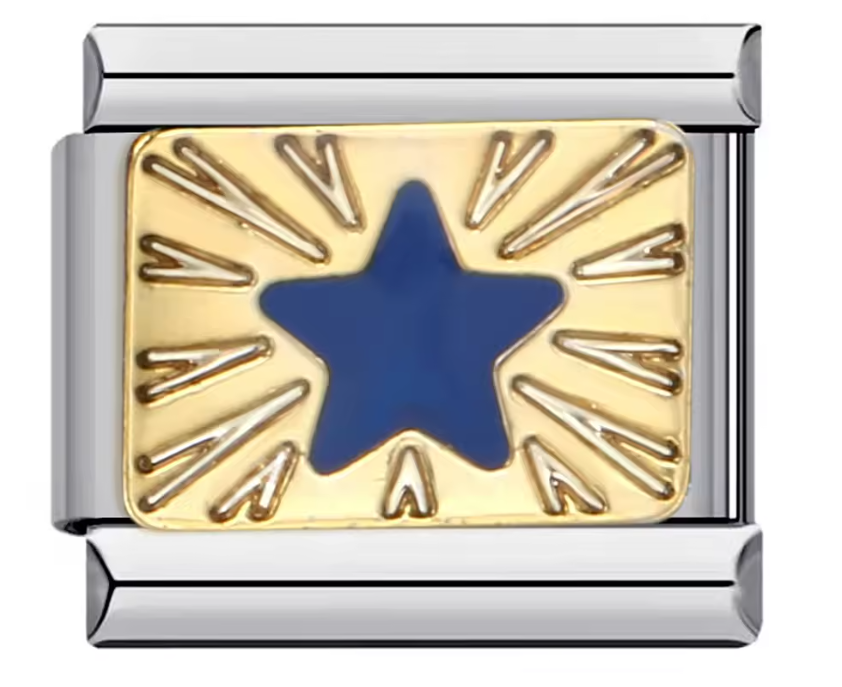 Estrella Azul sobre fondo dorado en charm plateada