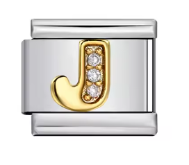 Letra J dorada con piedras sobre charm plateado