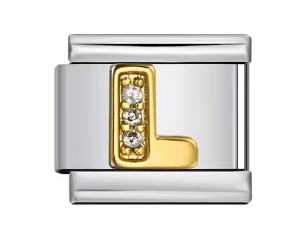Letra L dorado con piedras sobre charm plateado
