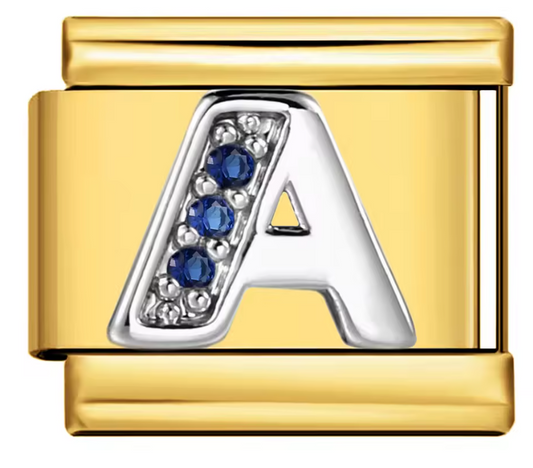 Letra A Plateada con Brillos Azules sobre charm Dorado