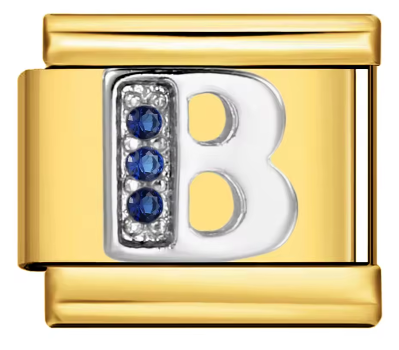 Letra B Plateada con Brillos Azules sobre charm Dorado
