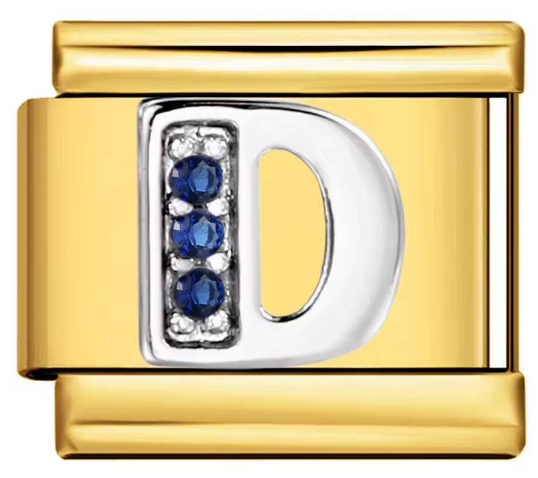 Letra D Plateada con Brillos Azules sobre charm Dorado