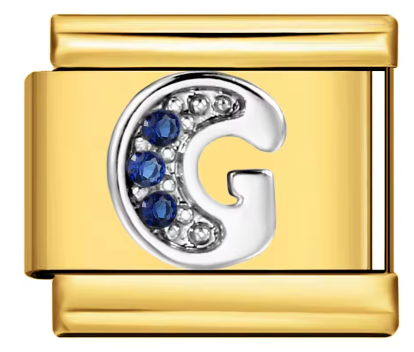 Letra G Plateada con Brillos Azules sobre charm Dorado