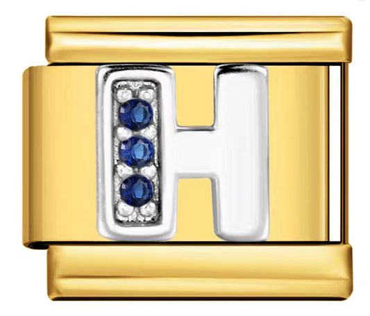 Letra H Plateada con Brillos Azules sobre charm Dorado