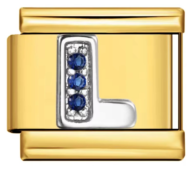 Letra L Plateada con Brillos Azules sobre charm Dorado