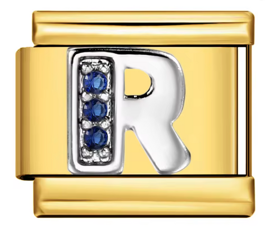 Letra R Plateada con Brillos Azules sobre charm Dorado