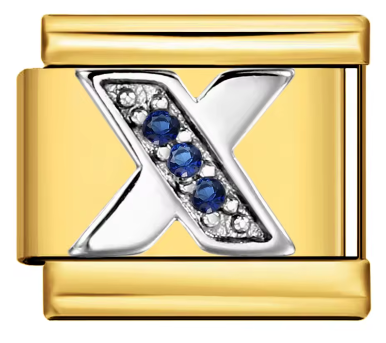 Letra X Plateada con Brillos Azules sobre charm Dorado