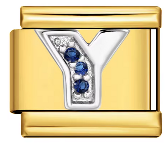 Letra Y Plateada con Brillos Azules sobre charm Dorado