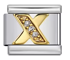 Letra X dorada con piedras sobre charm plateado