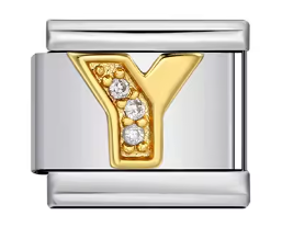 Letra Y dorada con piedras sobre charm plateado