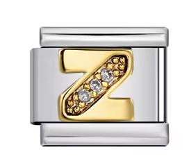 Letra Z dorada con piedras sobre charm plateado