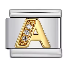 Letra A dorada con piedras sobre charm plateado