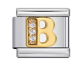 Letra B dorada con piedras sobre charm plateado